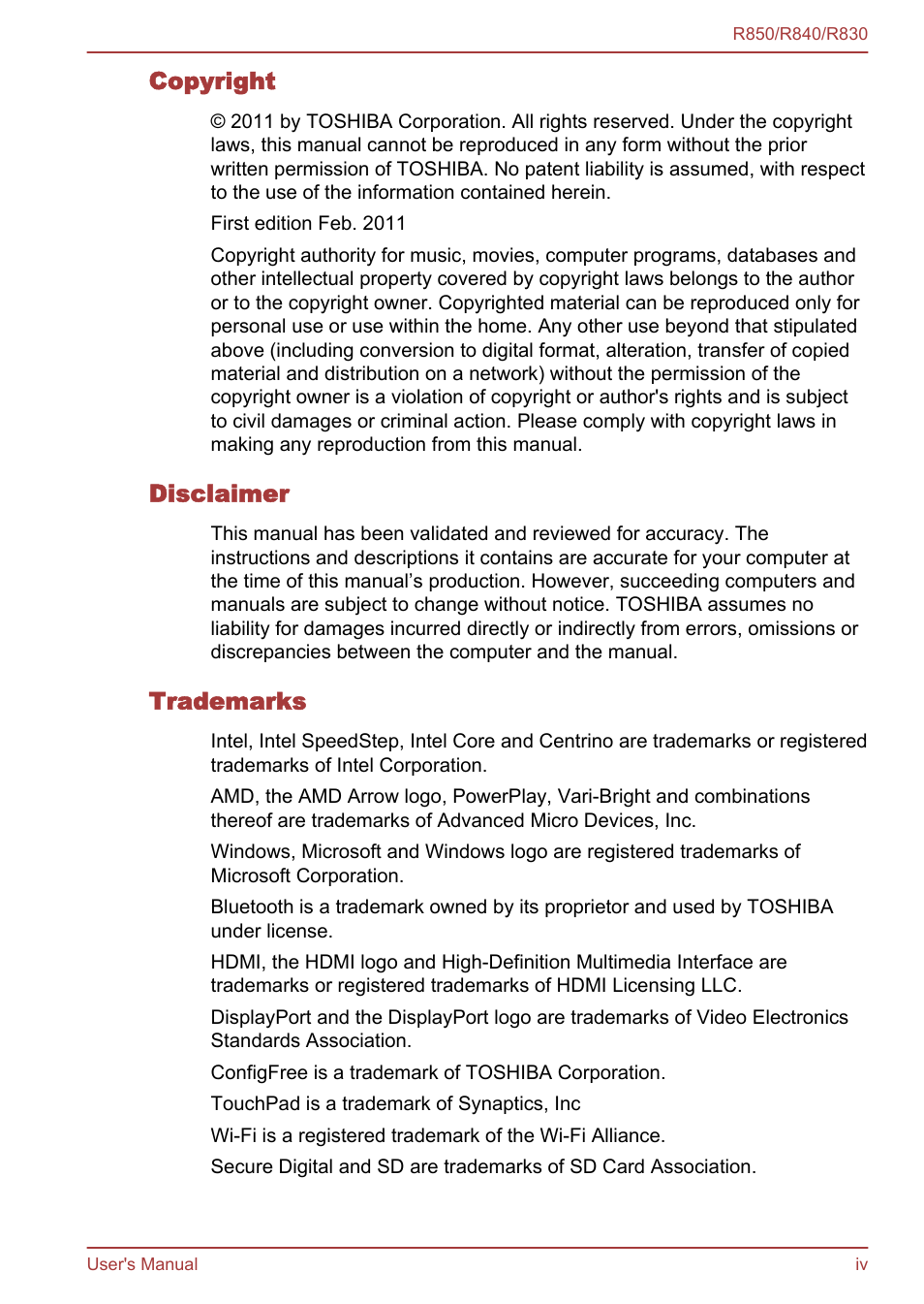 Toshiba Tecra R850 User Manual | Page 4 / 208