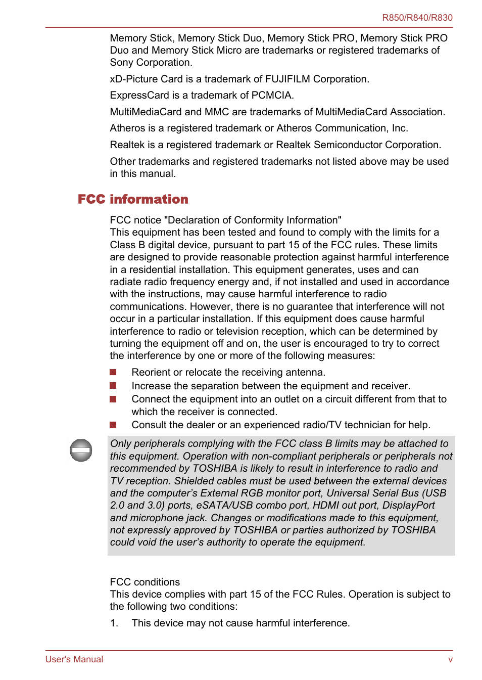 Fcc information | Toshiba Tecra R850 User Manual | Page 5 / 208