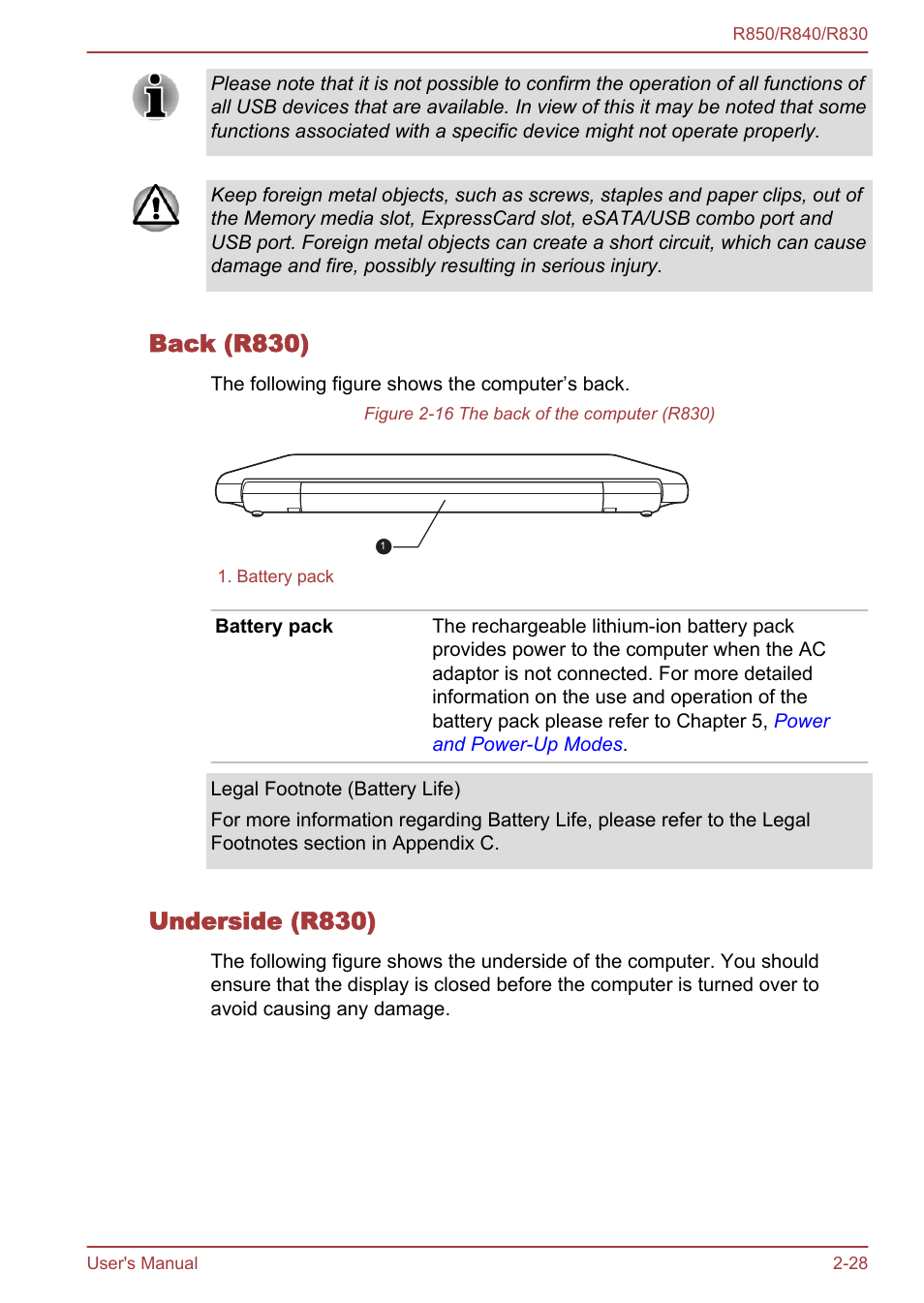 Back (r830), Underside (r830) | Toshiba Tecra R850 User Manual | Page 56 / 208