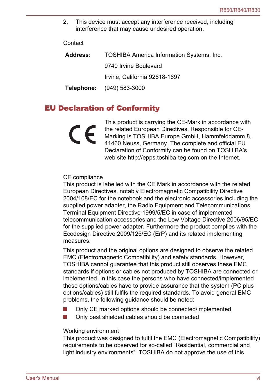 Eu declaration of conformity | Toshiba Tecra R850 User Manual | Page 6 / 208