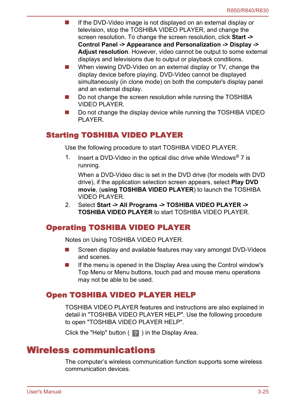 Starting toshiba video player, Operating toshiba video player, Open toshiba video player help | Wireless communications, Wireless communications -25 | Toshiba Tecra R850 User Manual | Page 90 / 208