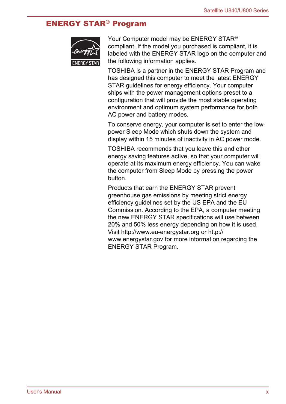 Energy star, Program | Toshiba Satellite U840 User Manual | Page 10 / 123