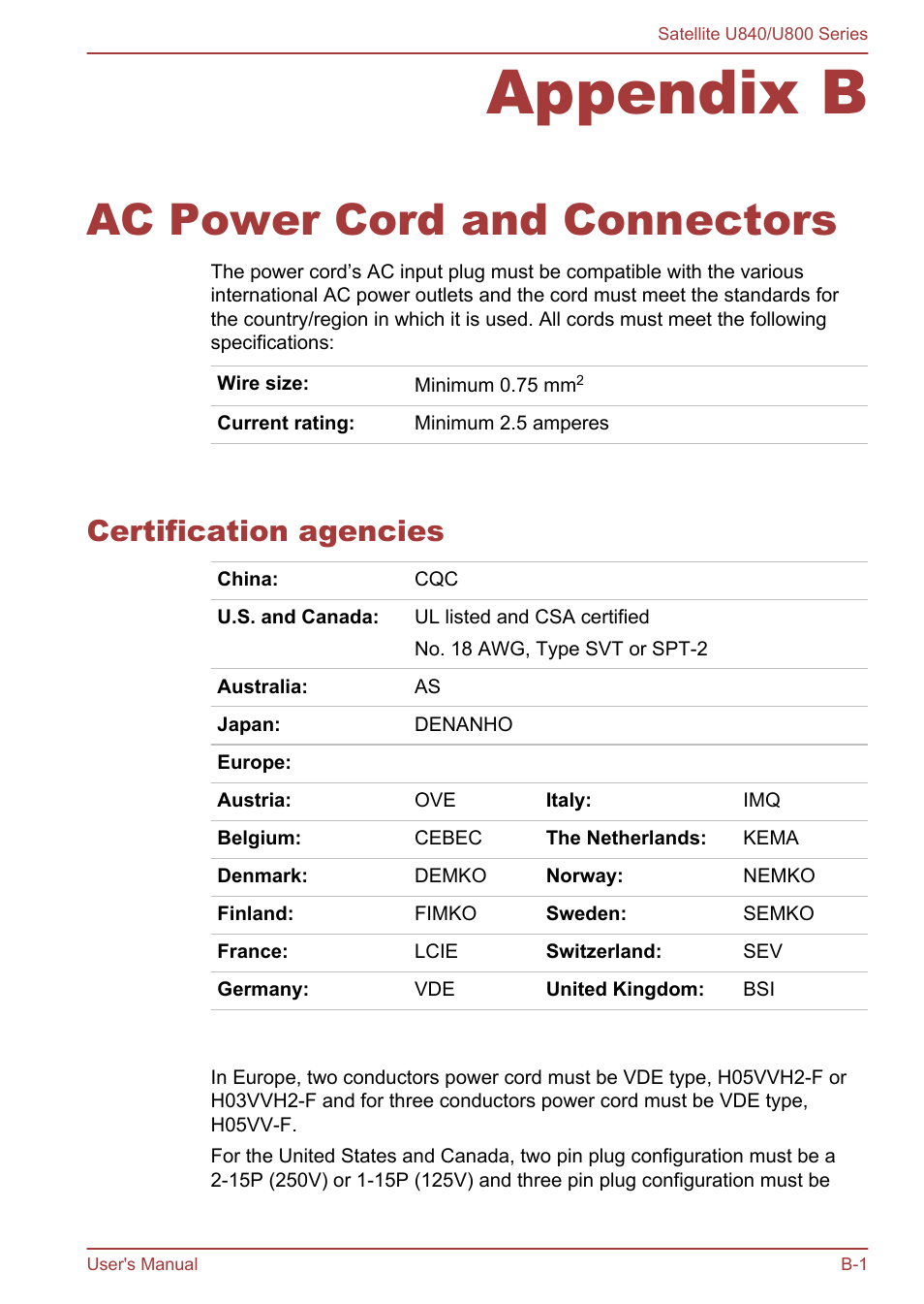Appendix b ac power cord and connectors, Certification agencies, Appendix b | Ac power cord and connectors | Toshiba Satellite U840 User Manual | Page 102 / 123