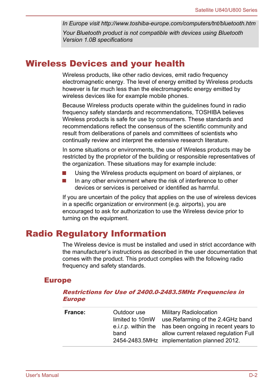 Wireless devices and your health, Radio regulatory information, Europe | Toshiba Satellite U840 User Manual | Page 109 / 123