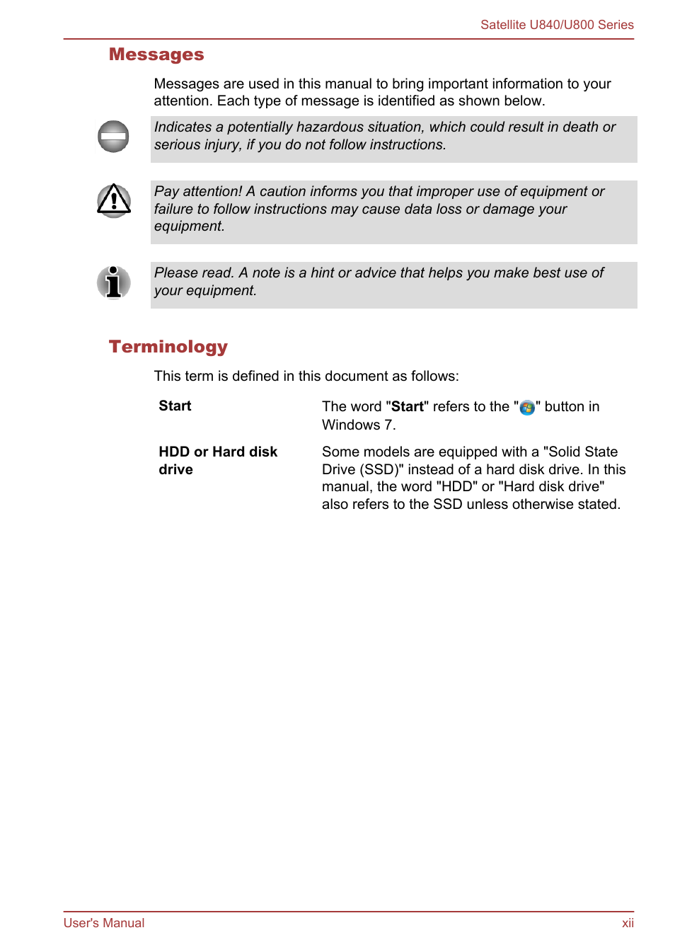 Messages, Terminology | Toshiba Satellite U840 User Manual | Page 12 / 123