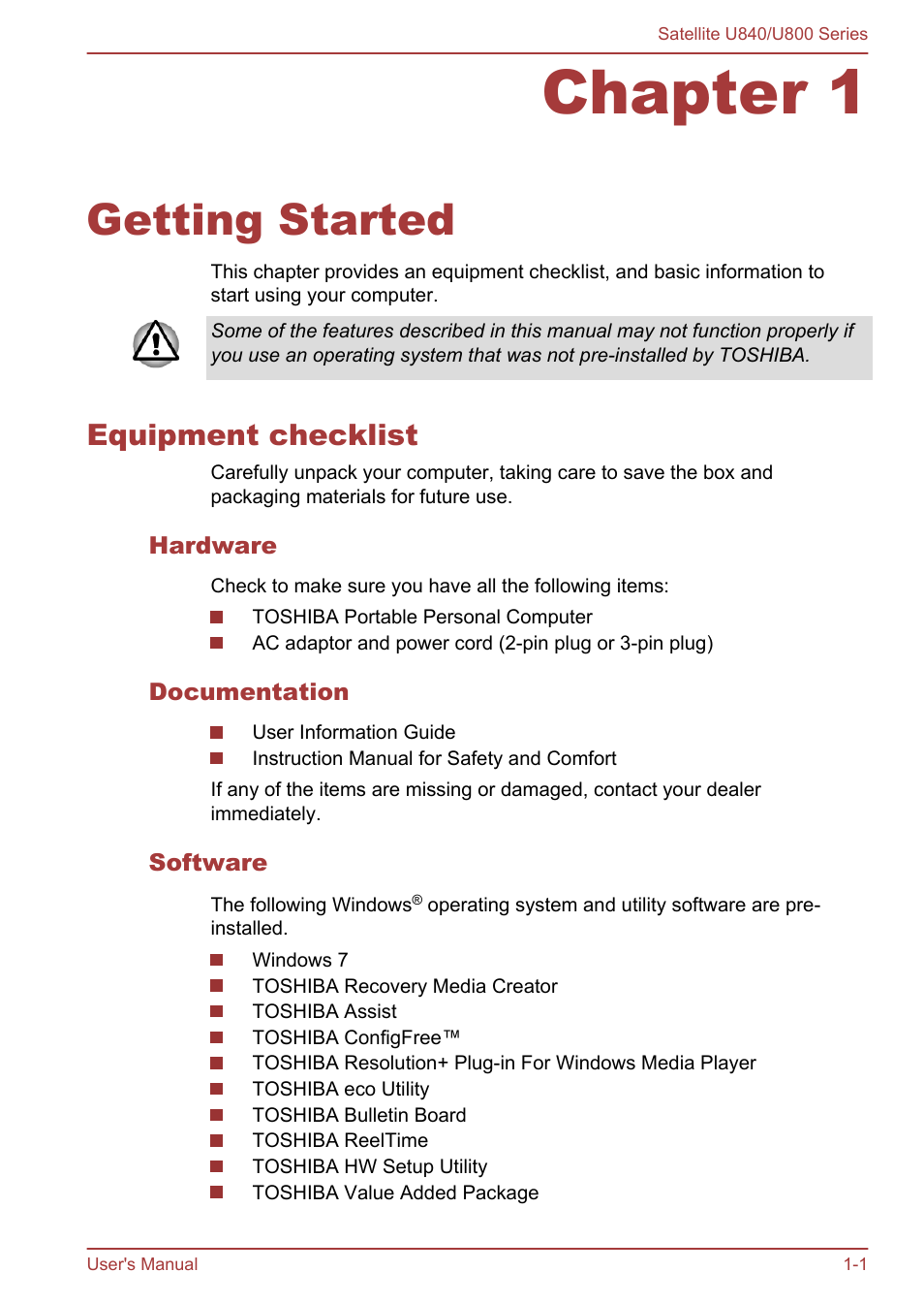 Chapter 1 getting started, Equipment checklist, Hardware | Documentation, Software, Chapter 1, Getting started, Equipment checklist -1 | Toshiba Satellite U840 User Manual | Page 15 / 123