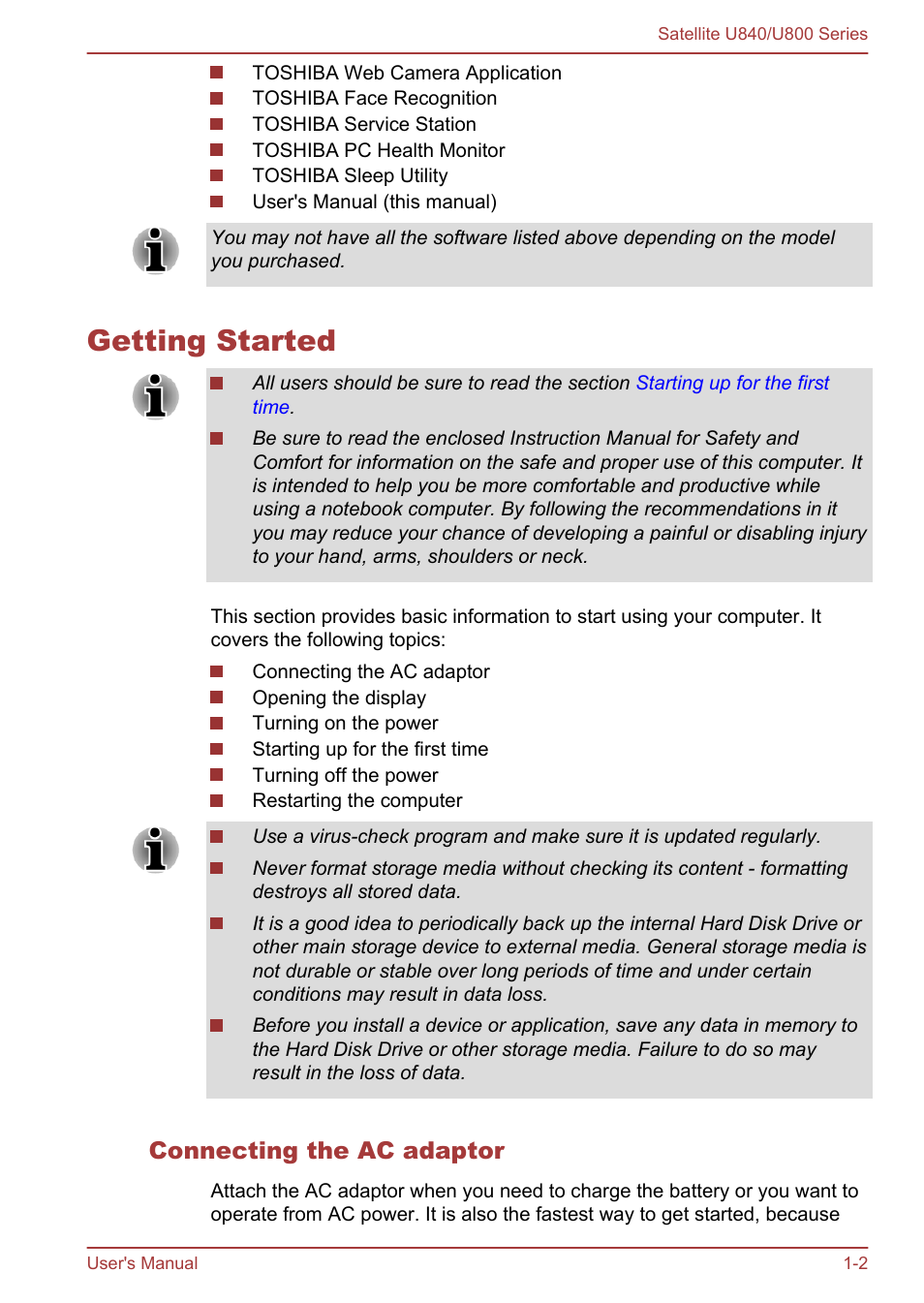 Getting started, Connecting the ac adaptor, Getting started -2 | Toshiba Satellite U840 User Manual | Page 16 / 123