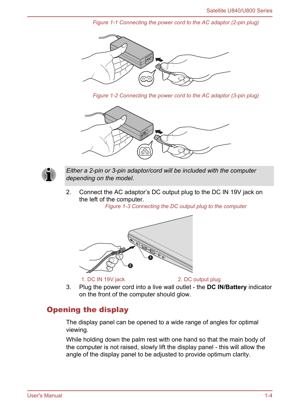 Opening the display | Toshiba Satellite U840 User Manual | Page 18 / 123