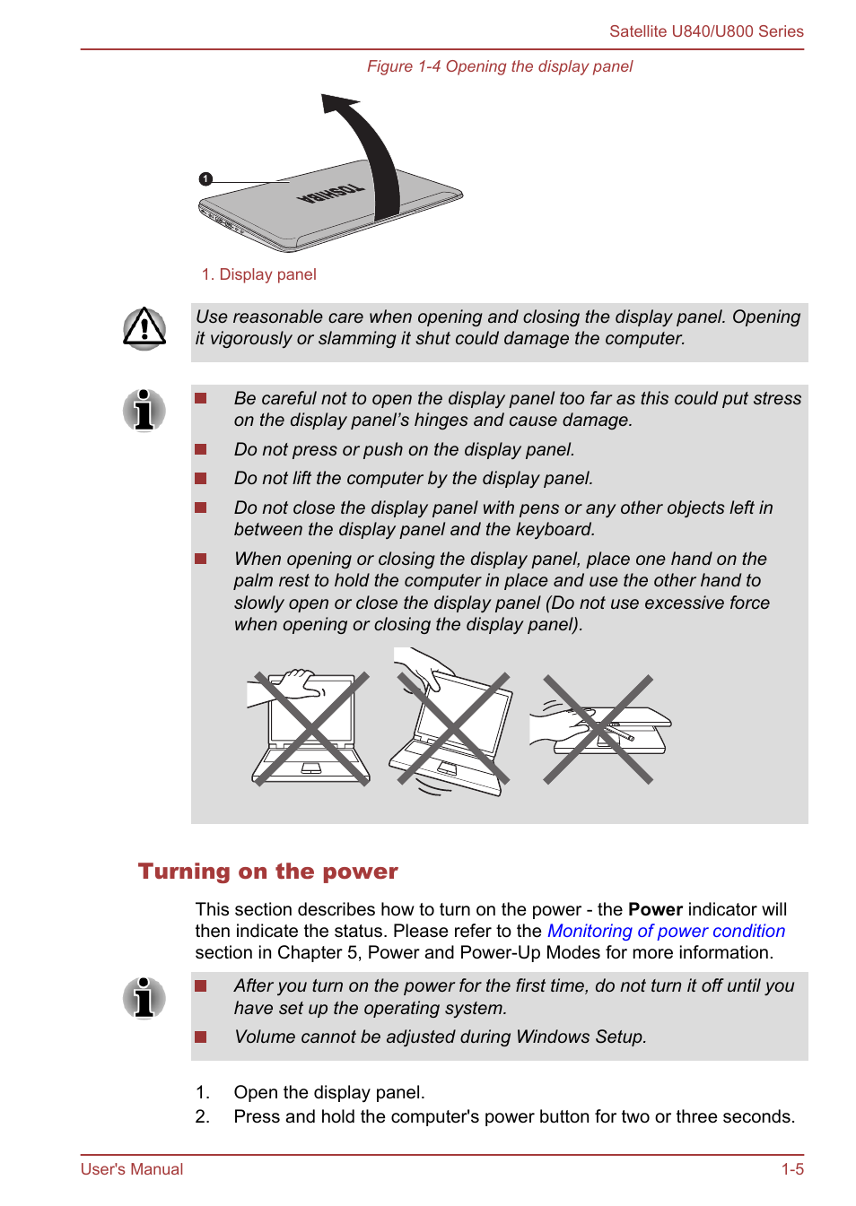 Turning on the power | Toshiba Satellite U840 User Manual | Page 19 / 123