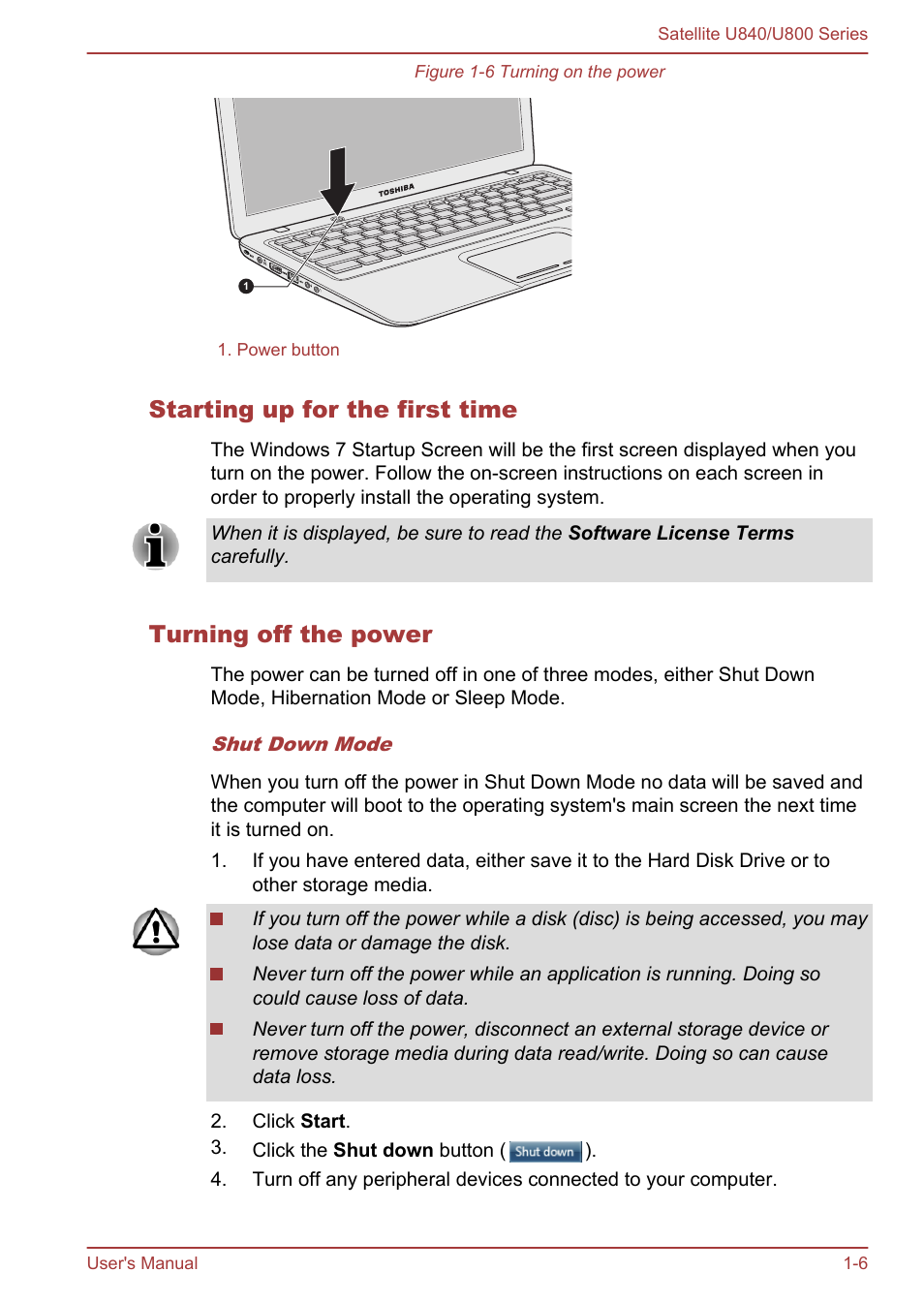 Starting up for the first time, Turning off the power | Toshiba Satellite U840 User Manual | Page 20 / 123