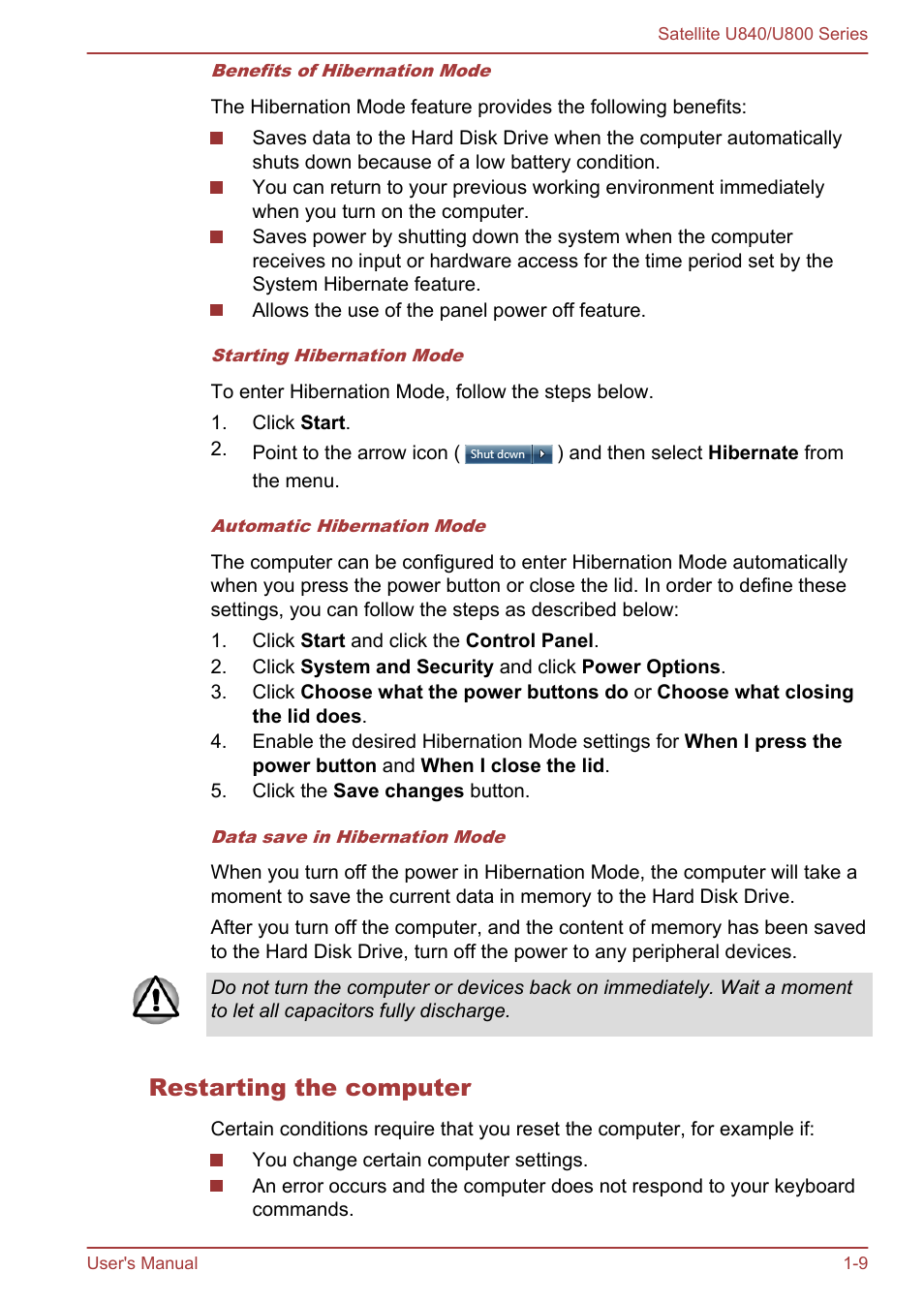 Restarting the computer | Toshiba Satellite U840 User Manual | Page 23 / 123