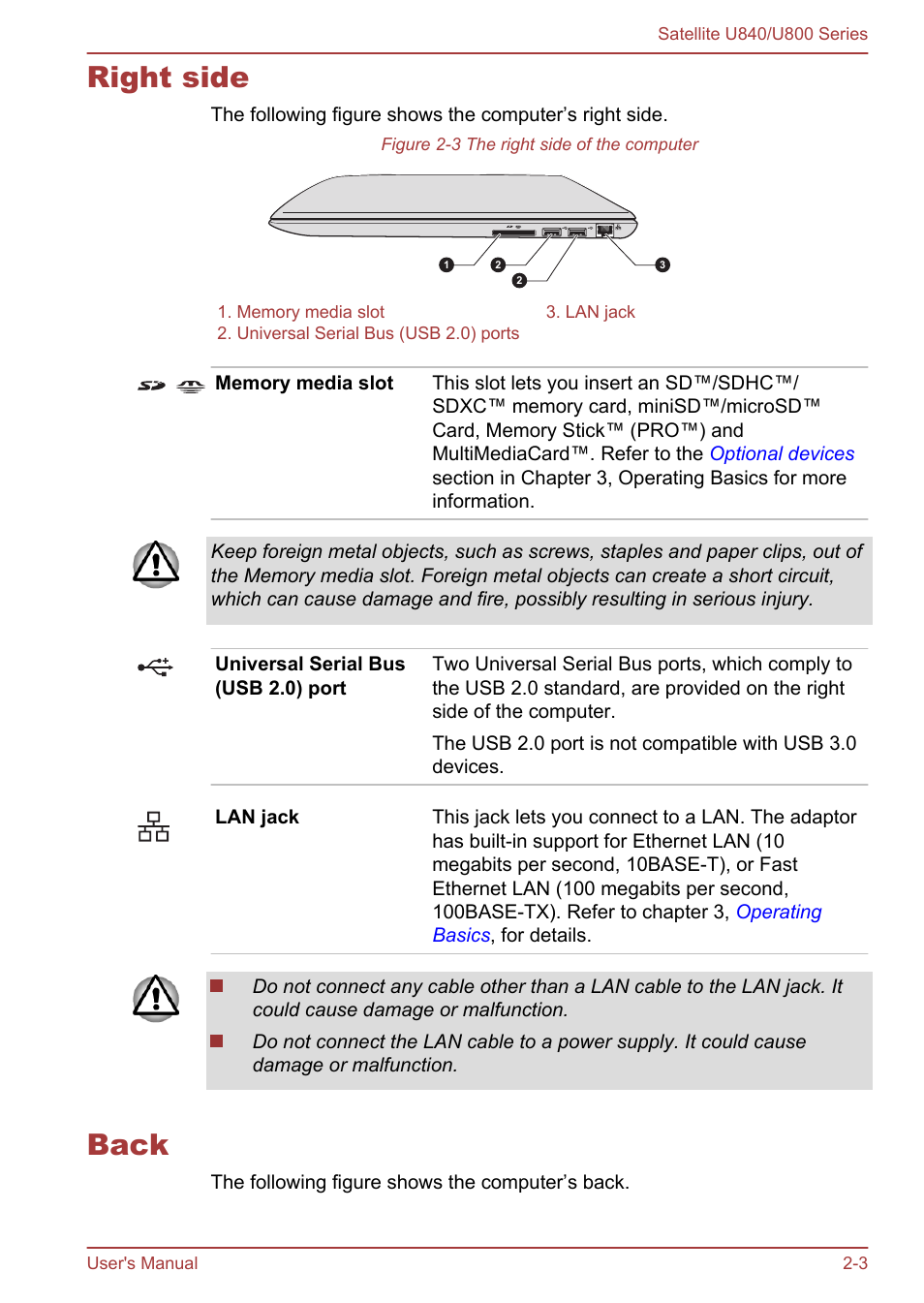 Right side, Back, Right side -3 back -3 | Toshiba Satellite U840 User Manual | Page 27 / 123