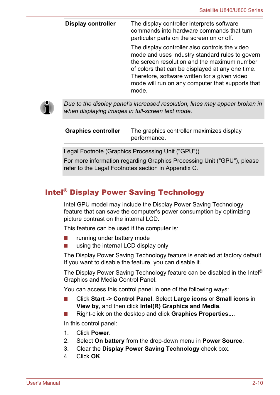 Intel® display power saving technology, Intel, Display power saving technology | Toshiba Satellite U840 User Manual | Page 34 / 123