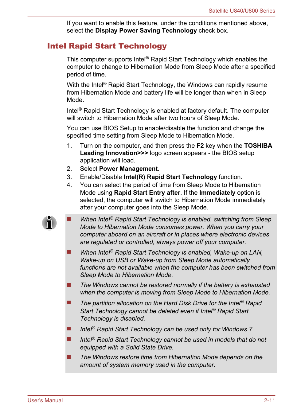 Intel rapid start technology | Toshiba Satellite U840 User Manual | Page 35 / 123