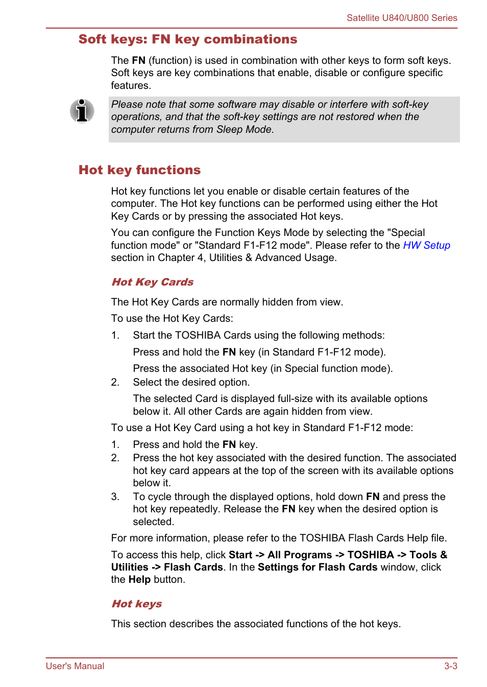 Soft keys: fn key combinations, Hot key functions | Toshiba Satellite U840 User Manual | Page 38 / 123