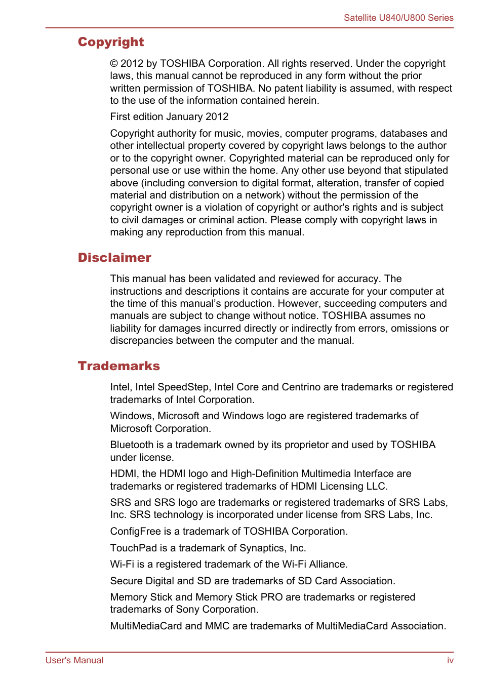 Toshiba Satellite U840 User Manual | Page 4 / 123