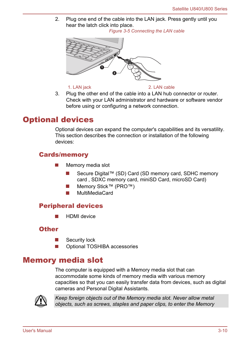 Optional devices, Cards/memory, Peripheral devices | Other, Memory media slot, Optional devices -10 memory media slot -10 | Toshiba Satellite U840 User Manual | Page 45 / 123