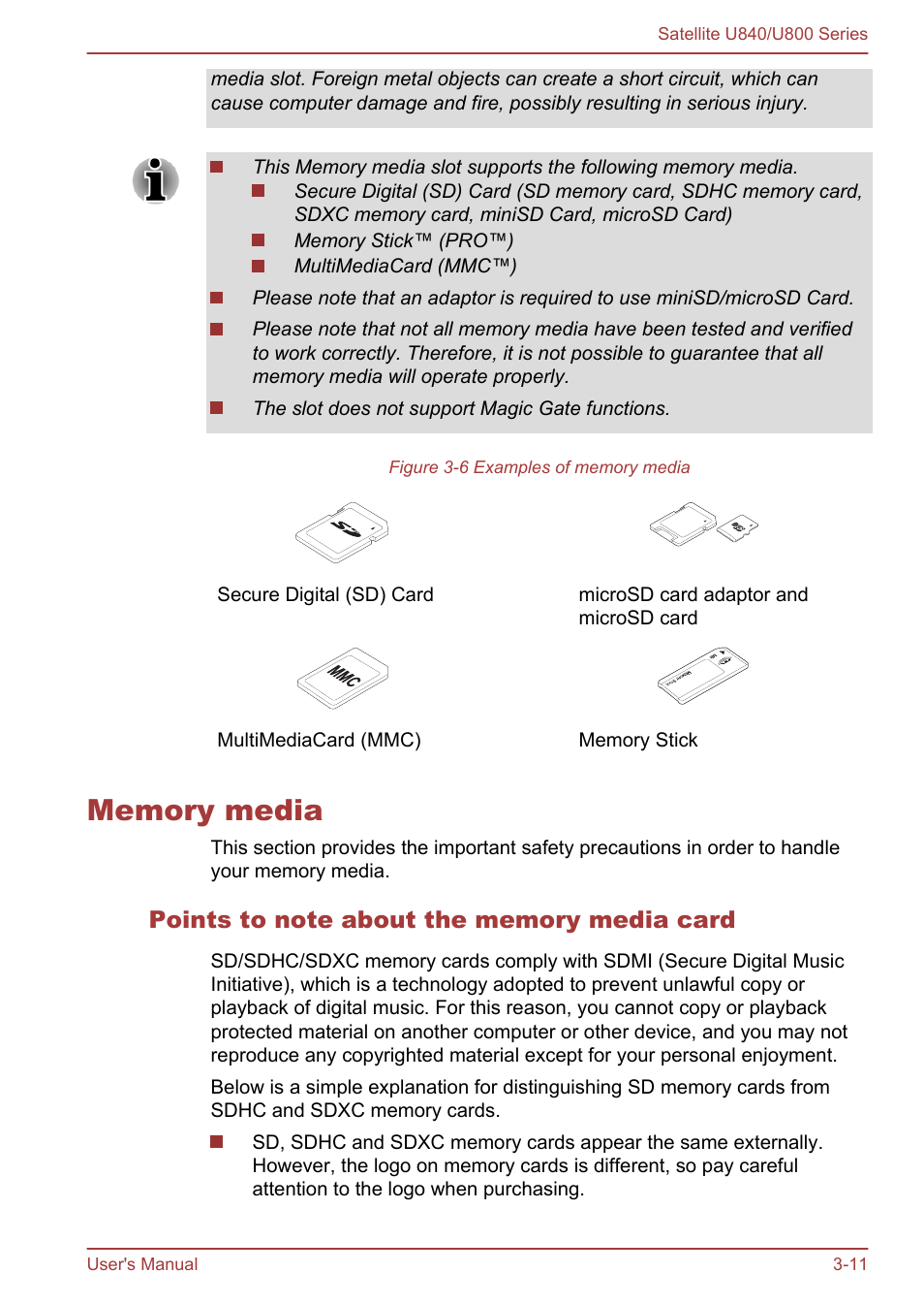 Memory media, Points to note about the memory media card, Memory media -11 | Toshiba Satellite U840 User Manual | Page 46 / 123