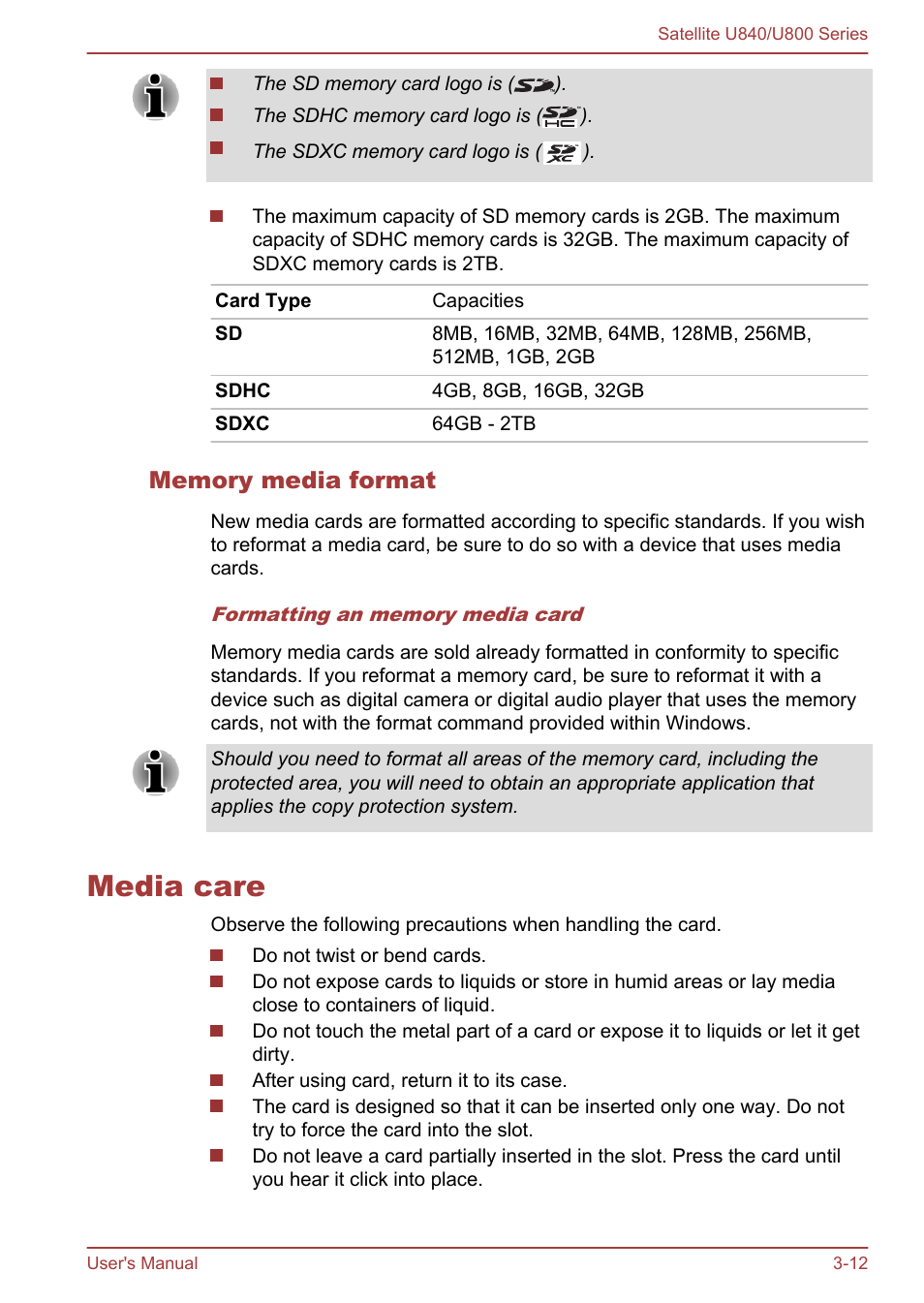 Memory media format, Media care, Media care -12 | Toshiba Satellite U840 User Manual | Page 47 / 123