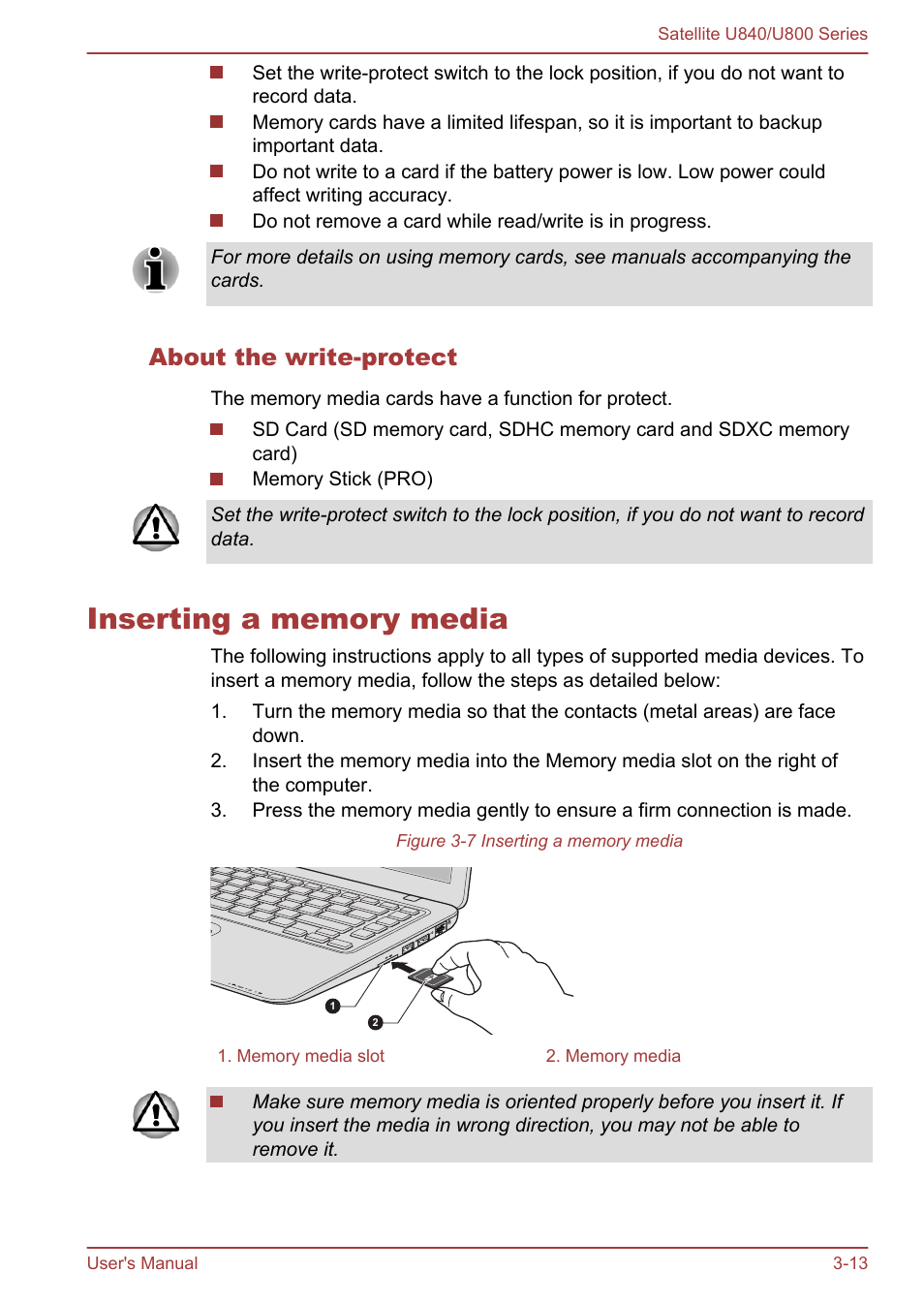 About the write-protect, Inserting a memory media, Inserting a memory media -13 | Toshiba Satellite U840 User Manual | Page 48 / 123
