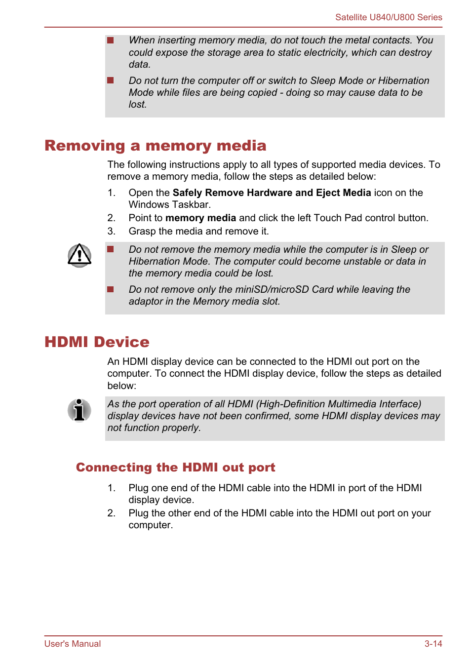 Removing a memory media, Hdmi device, Connecting the hdmi out port | Removing a memory media -14 hdmi device -14 | Toshiba Satellite U840 User Manual | Page 49 / 123