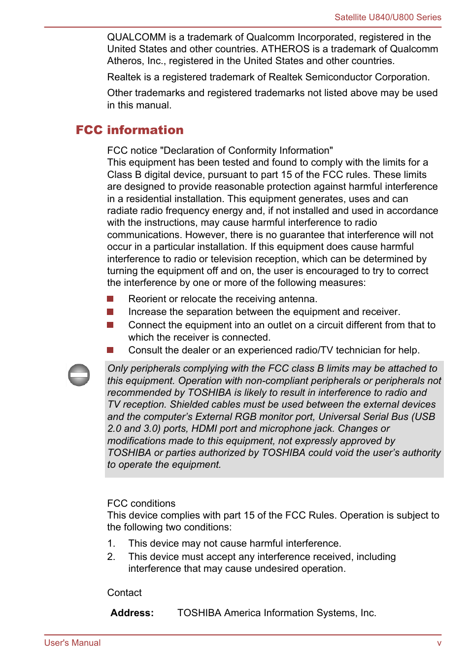 Fcc information | Toshiba Satellite U840 User Manual | Page 5 / 123