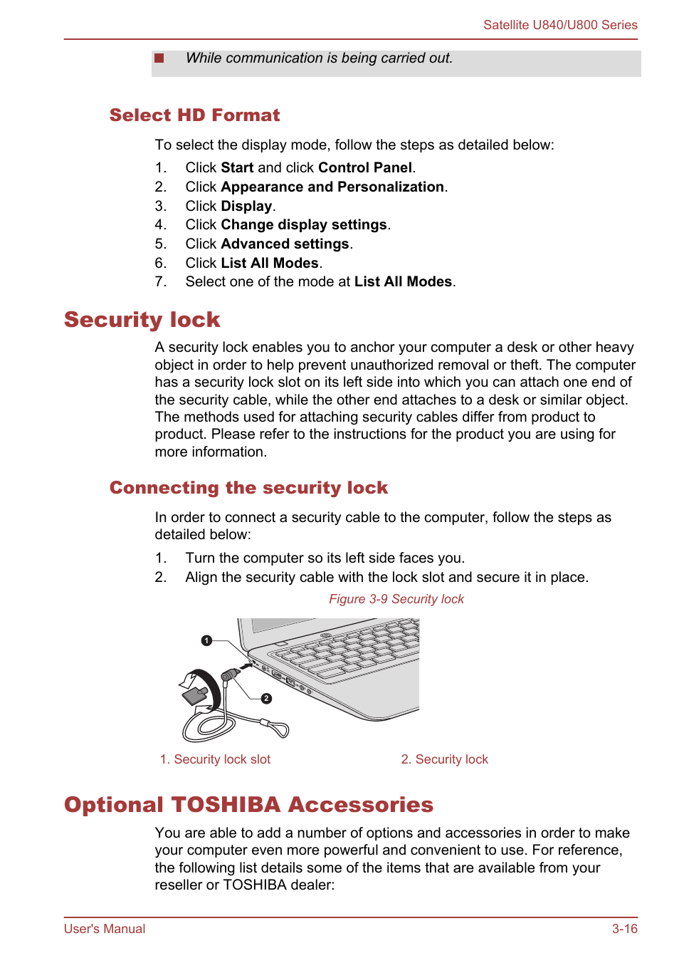 Select hd format, Security lock, Connecting the security lock | Optional toshiba accessories, Security lock -16 optional toshiba accessories -16 | Toshiba Satellite U840 User Manual | Page 51 / 123