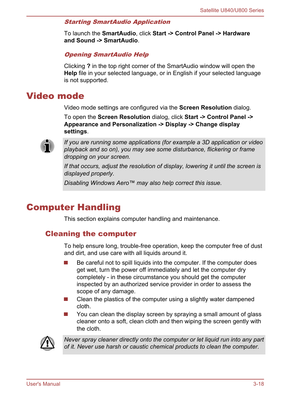 Video mode, Computer handling, Cleaning the computer | Video mode -18 computer handling -18 | Toshiba Satellite U840 User Manual | Page 53 / 123