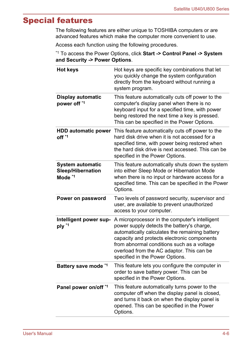 Special features, Special features -6 | Toshiba Satellite U840 User Manual | Page 60 / 123