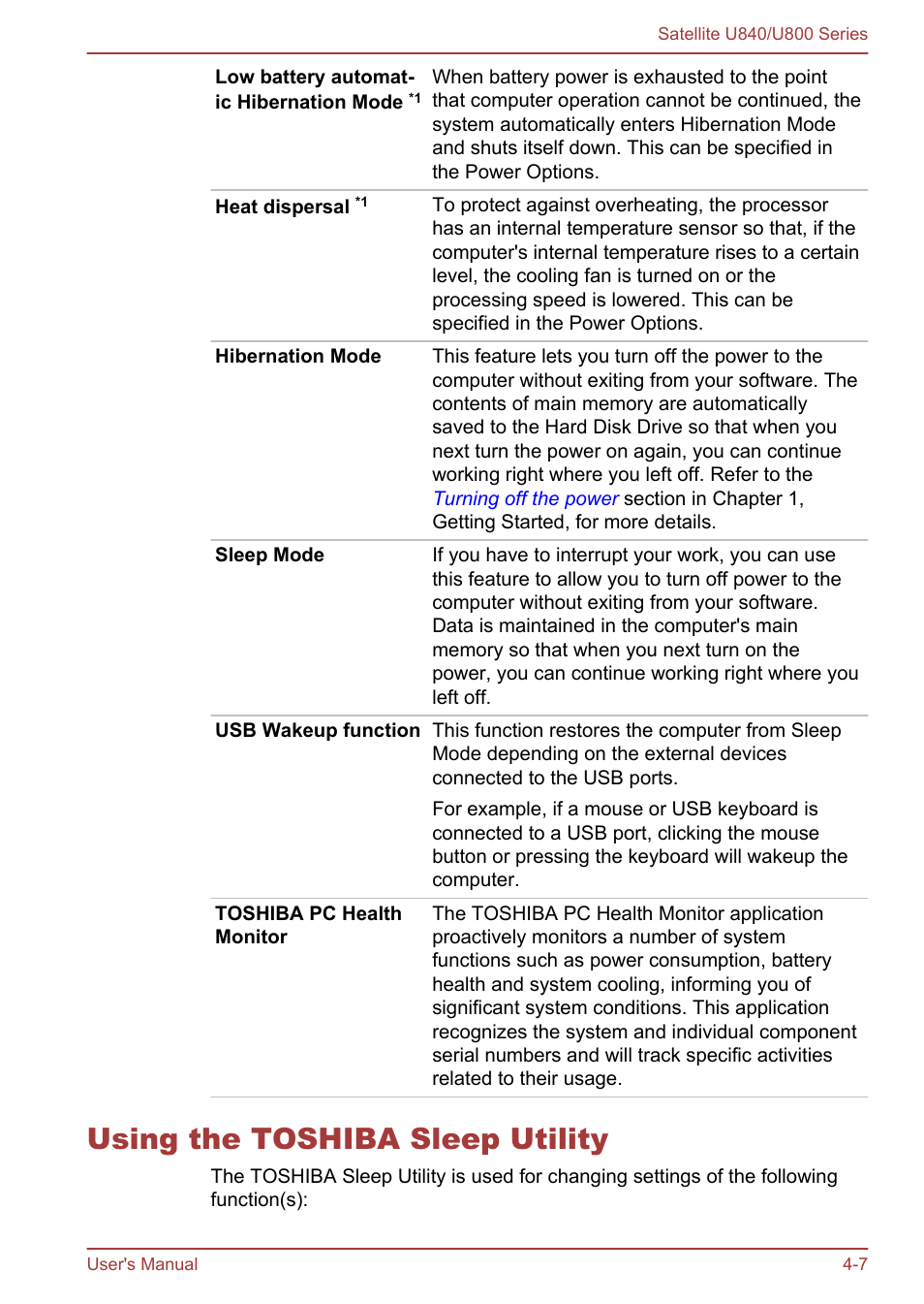 Using the toshiba sleep utility, Using the toshiba sleep utility -7 | Toshiba Satellite U840 User Manual | Page 61 / 123