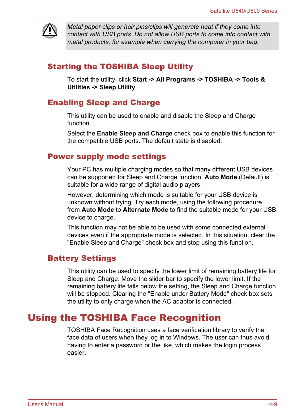 Starting the toshiba sleep utility, Enabling sleep and charge, Power supply mode settings | Battery settings, Using the toshiba face recognition, Using the toshiba face recognition -9, For more information, please refer to the, Using, The toshiba face recognition, Section | Toshiba Satellite U840 User Manual | Page 63 / 123