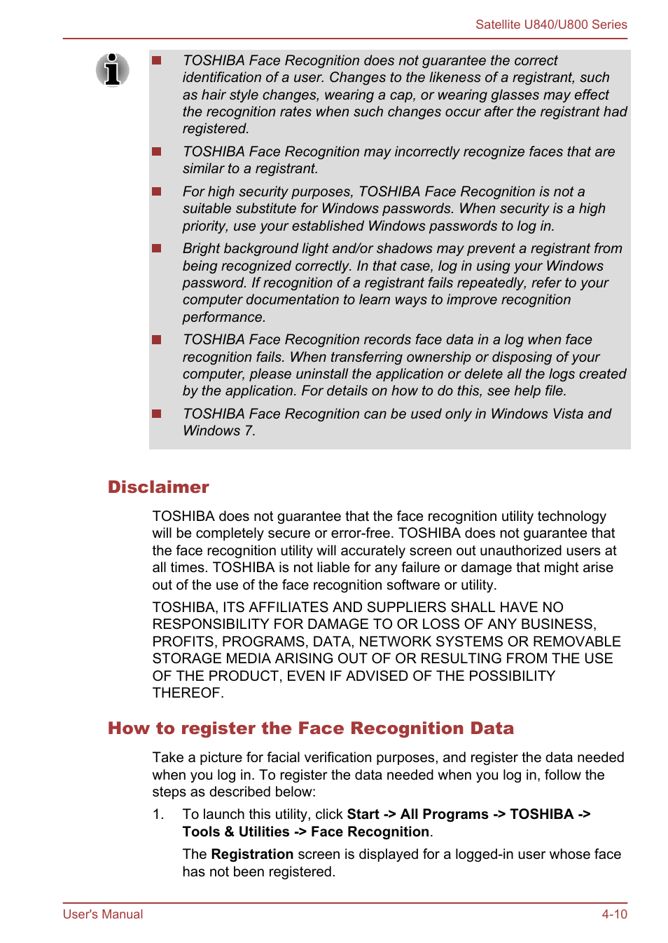 Disclaimer, How to register the face recognition data | Toshiba Satellite U840 User Manual | Page 64 / 123