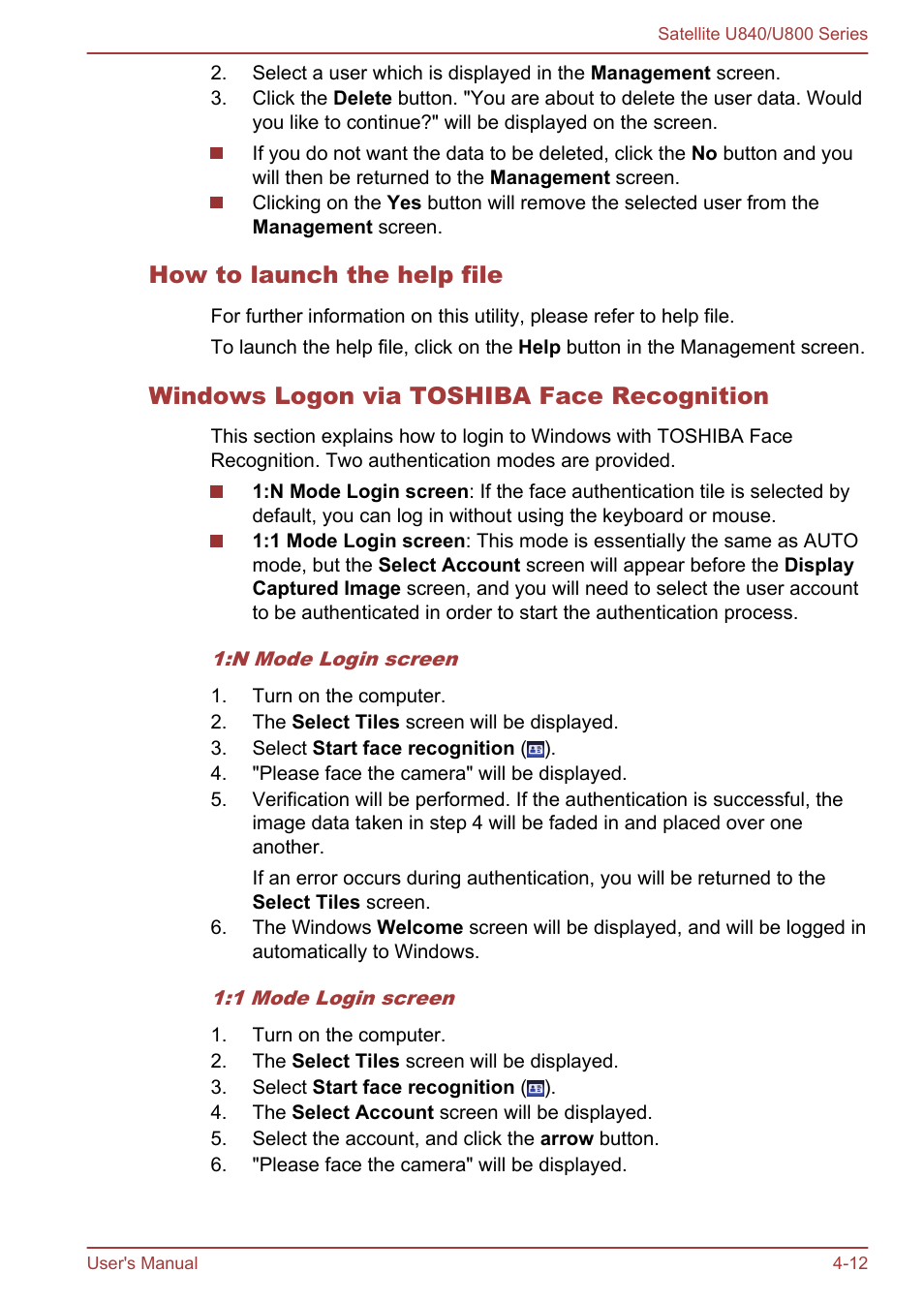 How to launch the help file, Windows logon via toshiba face recognition | Toshiba Satellite U840 User Manual | Page 66 / 123