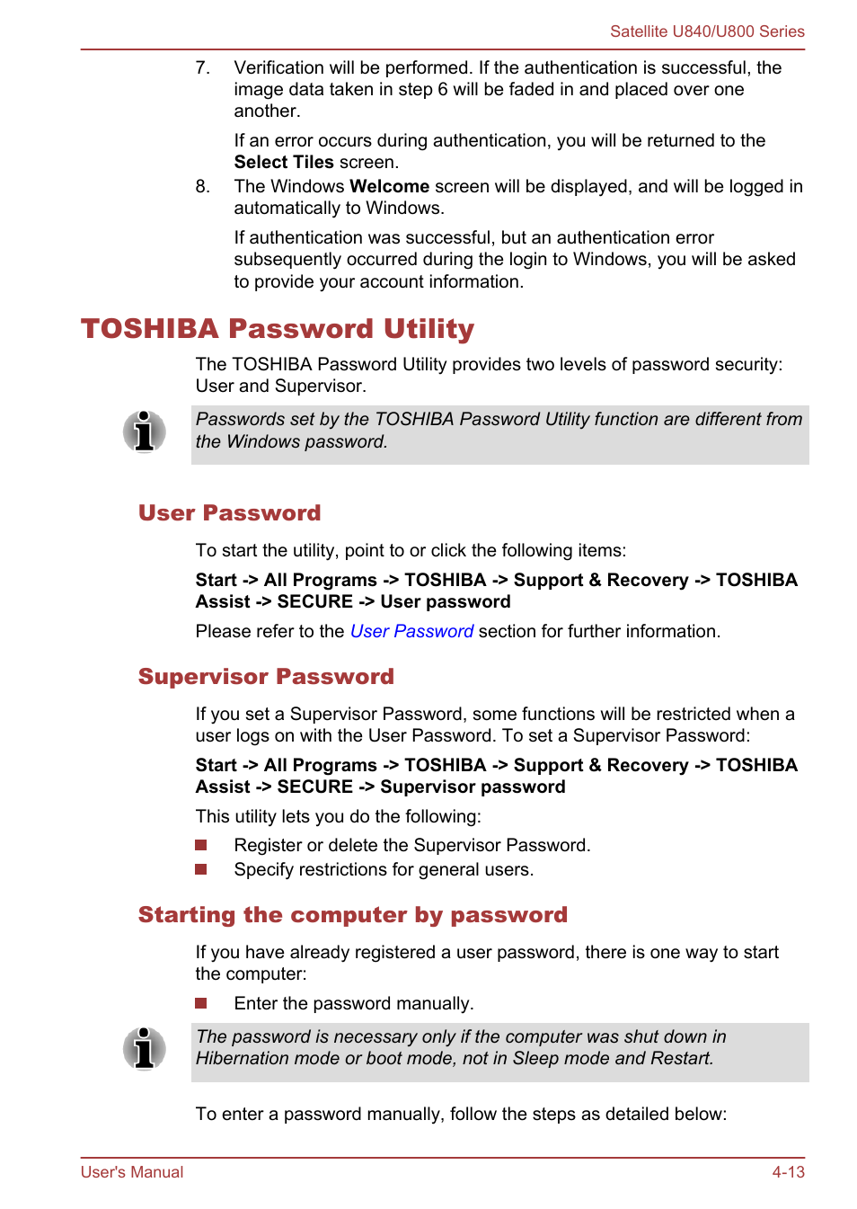 Toshiba password utility, User password, Supervisor password | Starting the computer by password, Toshiba password utility -13 | Toshiba Satellite U840 User Manual | Page 67 / 123