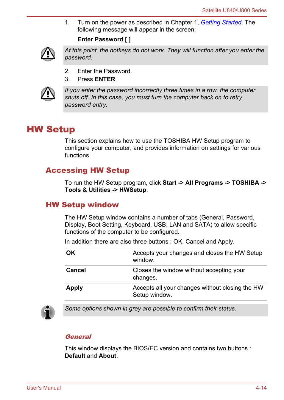 Hw setup, Accessing hw setup, Hw setup window | Hw setup -14 | Toshiba Satellite U840 User Manual | Page 68 / 123