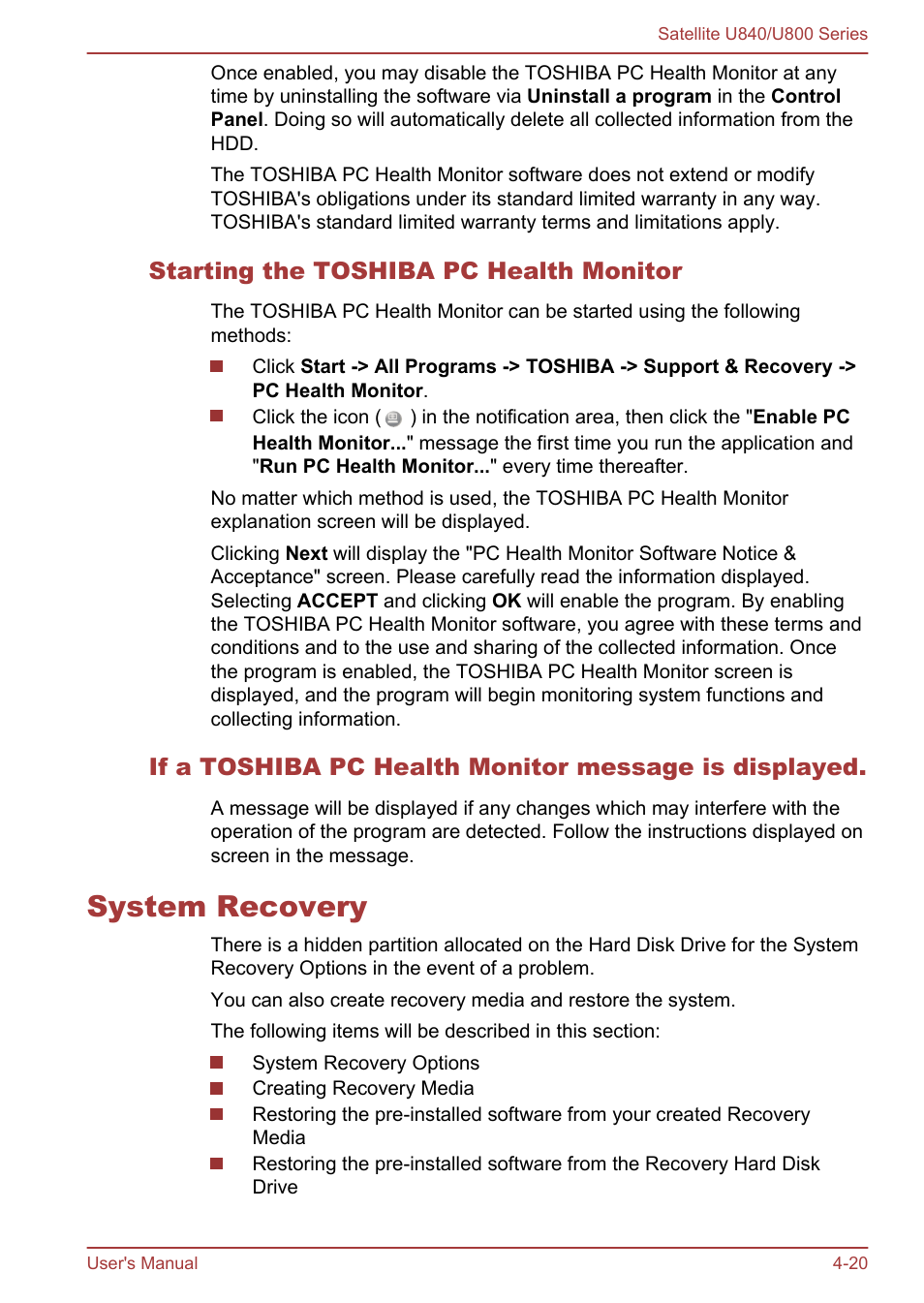Starting the toshiba pc health monitor, System recovery, System recovery -20 | Toshiba Satellite U840 User Manual | Page 74 / 123