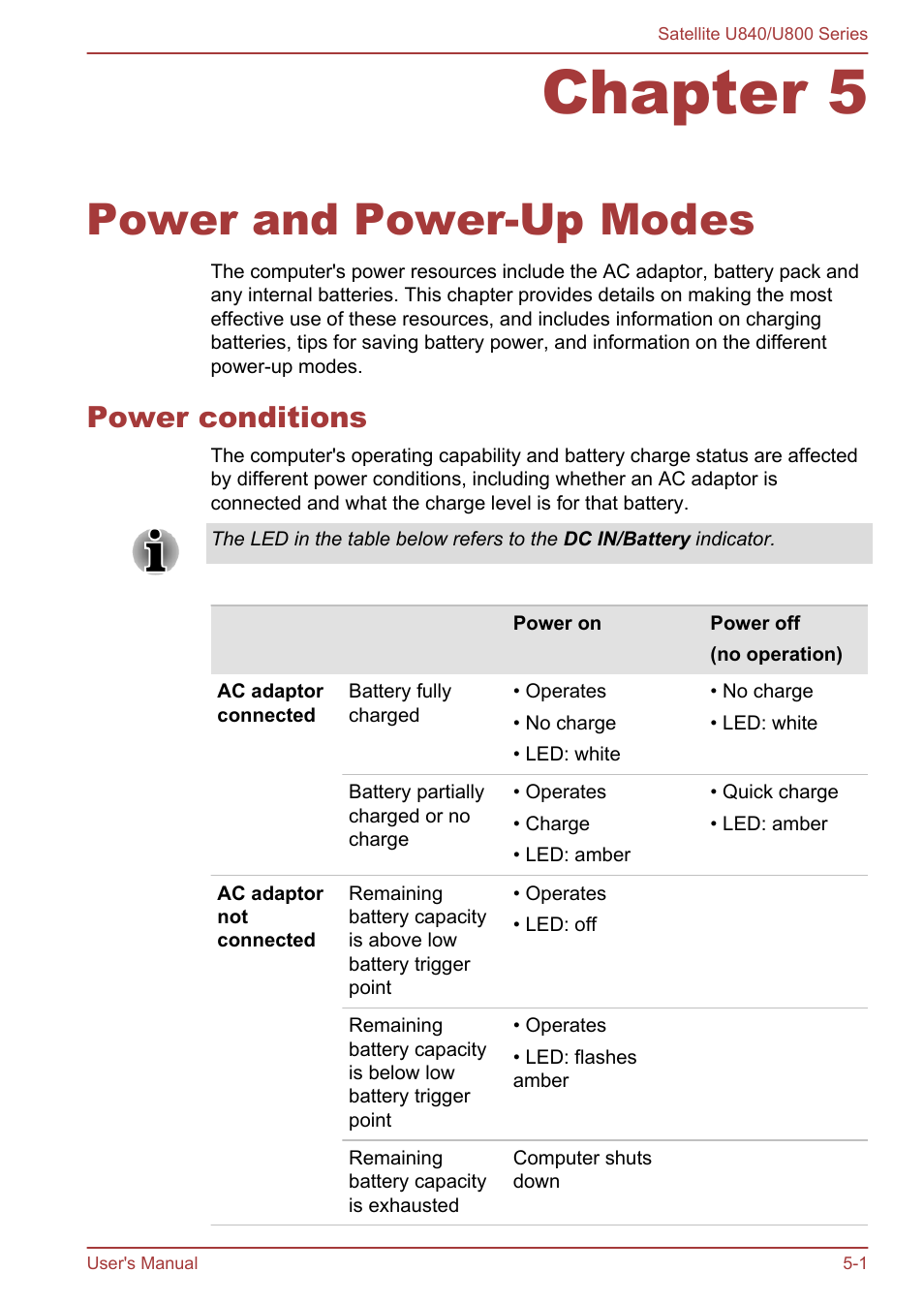 Chapter 5 power and power-up modes, Power conditions, Chapter 5 | Power and power-up modes, Power conditions -1, Please refer to chapter 5, Power and power-up, Modes, For more information on this feature | Toshiba Satellite U840 User Manual | Page 79 / 123