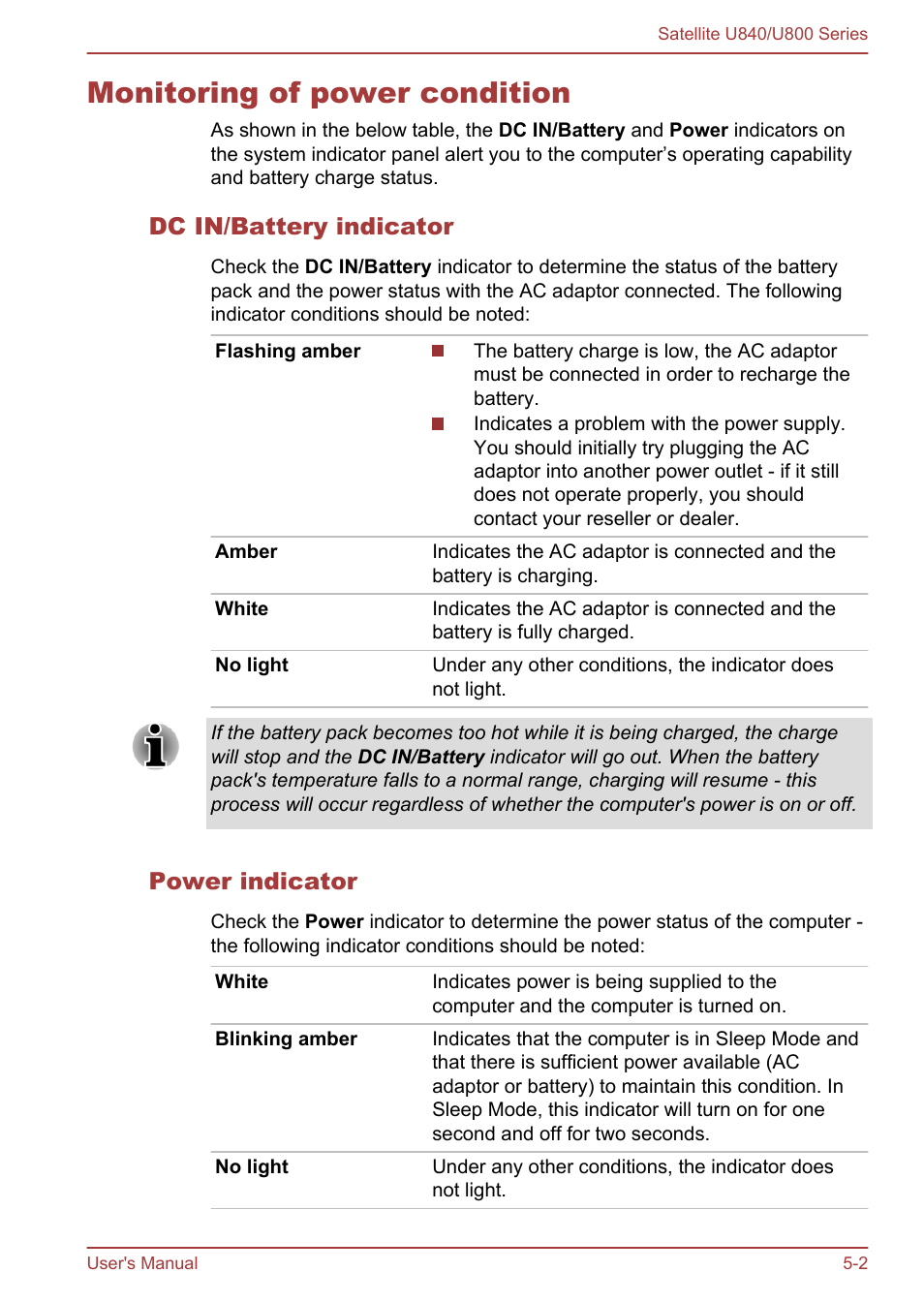 Monitoring of power condition, Dc in/battery indicator, Power indicator | Monitoring of power condition -2 | Toshiba Satellite U840 User Manual | Page 80 / 123