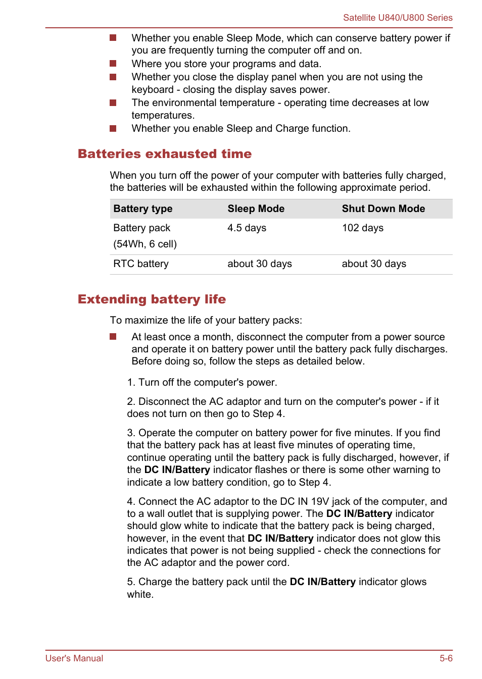 Batteries exhausted time, Extending battery life | Toshiba Satellite U840 User Manual | Page 84 / 123