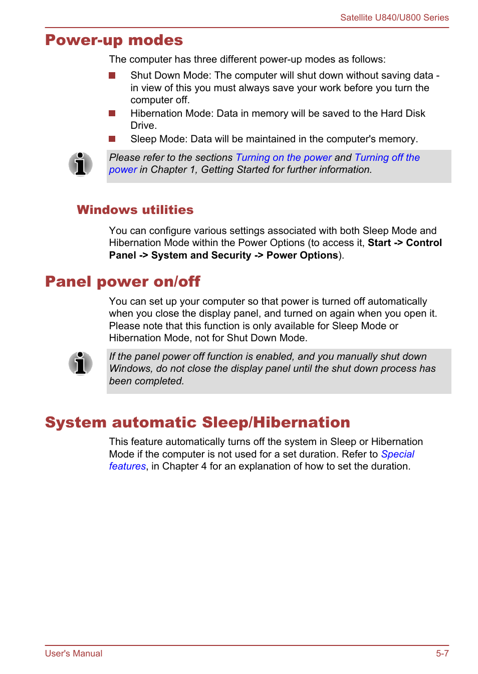 Power-up modes, Windows utilities, Panel power on/off | System automatic sleep/hibernation | Toshiba Satellite U840 User Manual | Page 85 / 123
