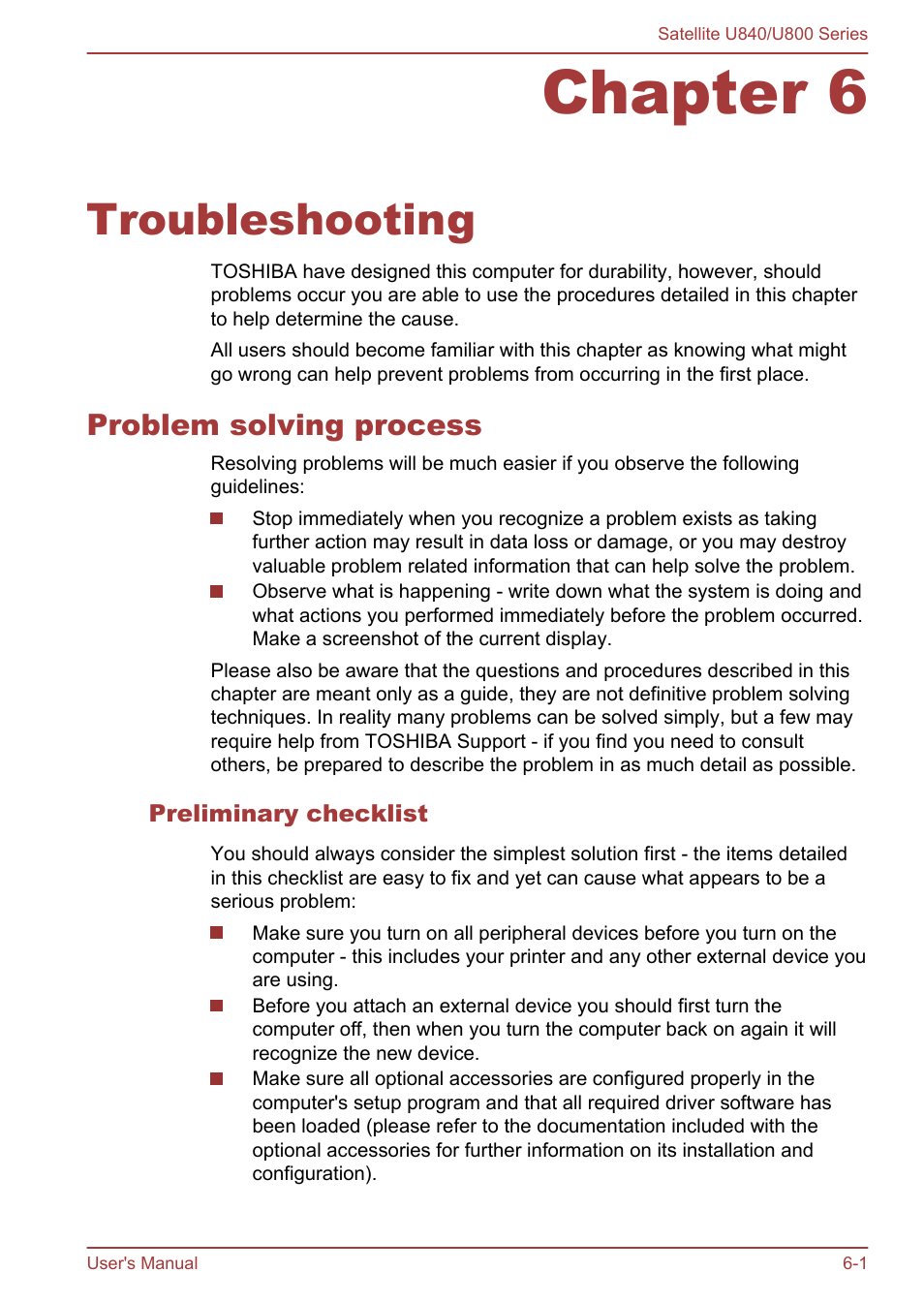 Chapter 6 troubleshooting, Problem solving process, Preliminary checklist | Chapter 6, Troubleshooting, Problem solving process -1 | Toshiba Satellite U840 User Manual | Page 86 / 123