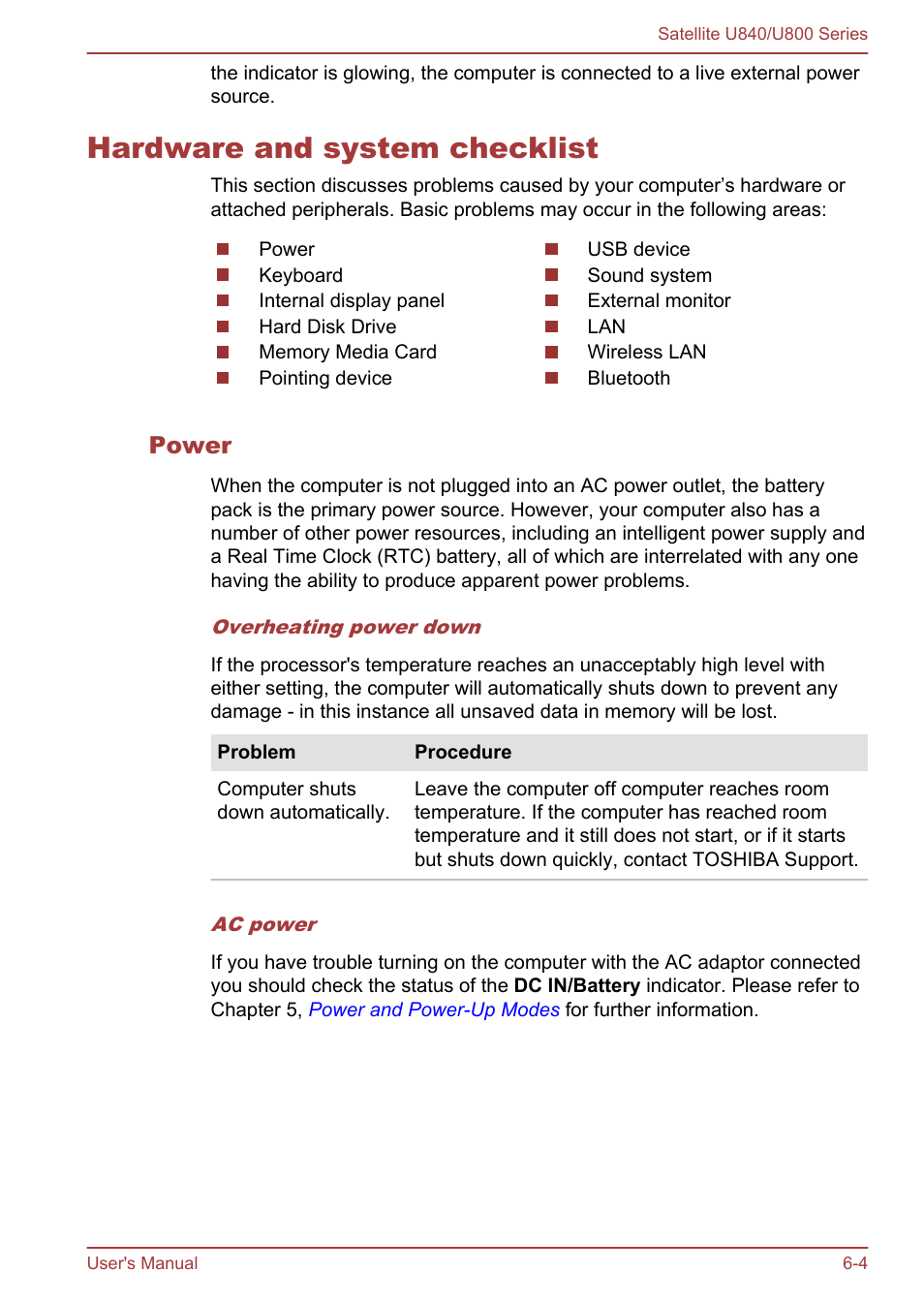 Hardware and system checklist, Power, Hardware and system checklist -4 | Toshiba Satellite U840 User Manual | Page 89 / 123