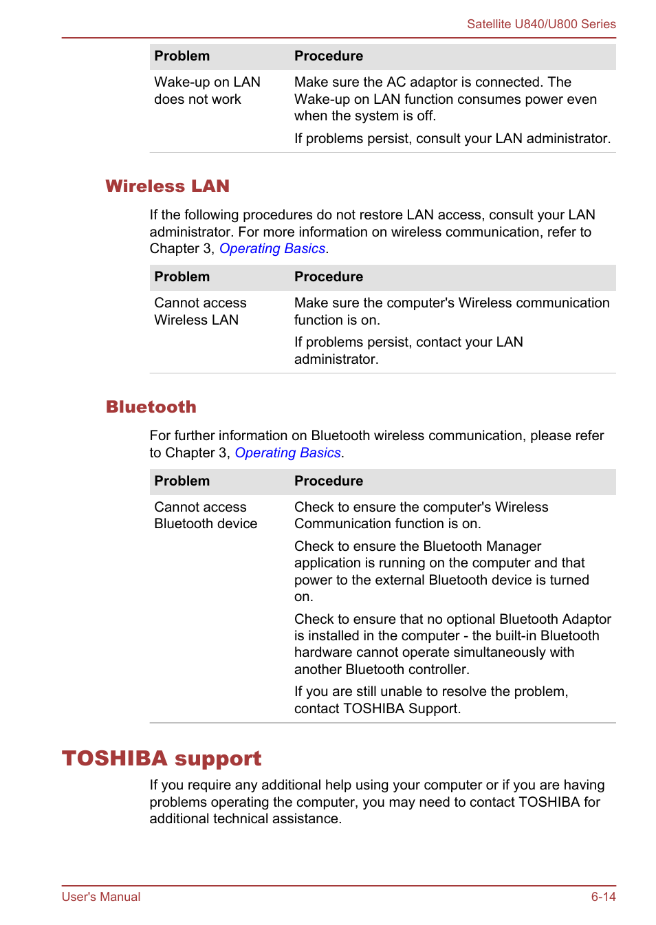 Wireless lan, Bluetooth, Toshiba support | Toshiba support -14 | Toshiba Satellite U840 User Manual | Page 99 / 123