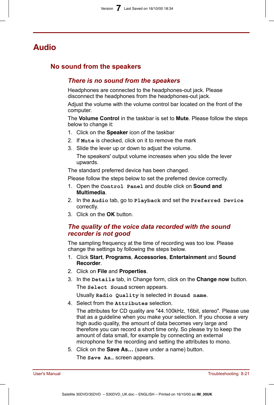 Audio, Audio -21, No sound from the speakers -21 | No sound from the speakers | Toshiba Satellite 31 User Manual | Page 116 / 142