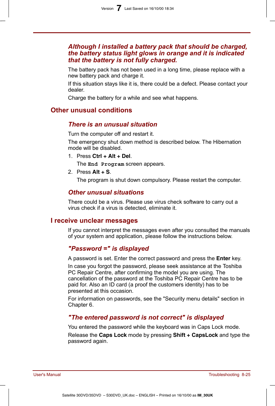 Other unusual conditions, I receive unclear messages | Toshiba Satellite 31 User Manual | Page 120 / 142