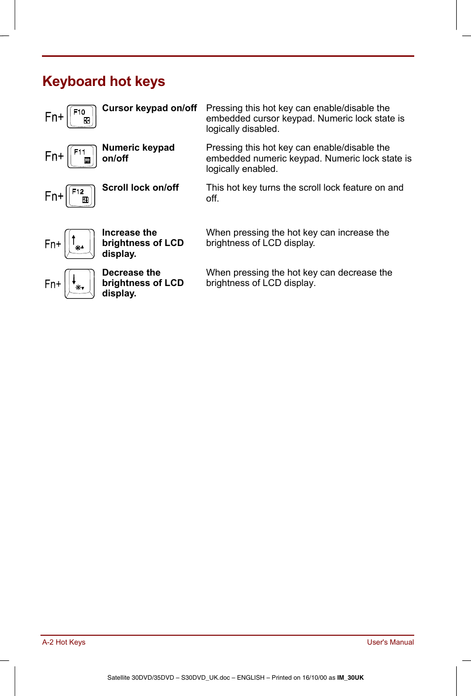 Keyboard hot keys | Toshiba Satellite 31 User Manual | Page 124 / 142