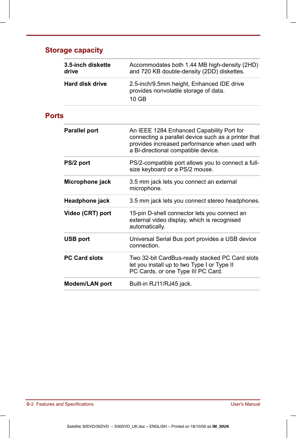 Storage capacity, Ports | Toshiba Satellite 31 User Manual | Page 126 / 142