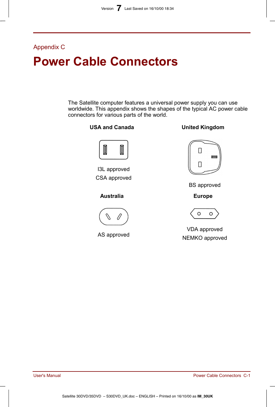 Appendix c: power cable connectors, Power cable connectors | Toshiba Satellite 31 User Manual | Page 129 / 142