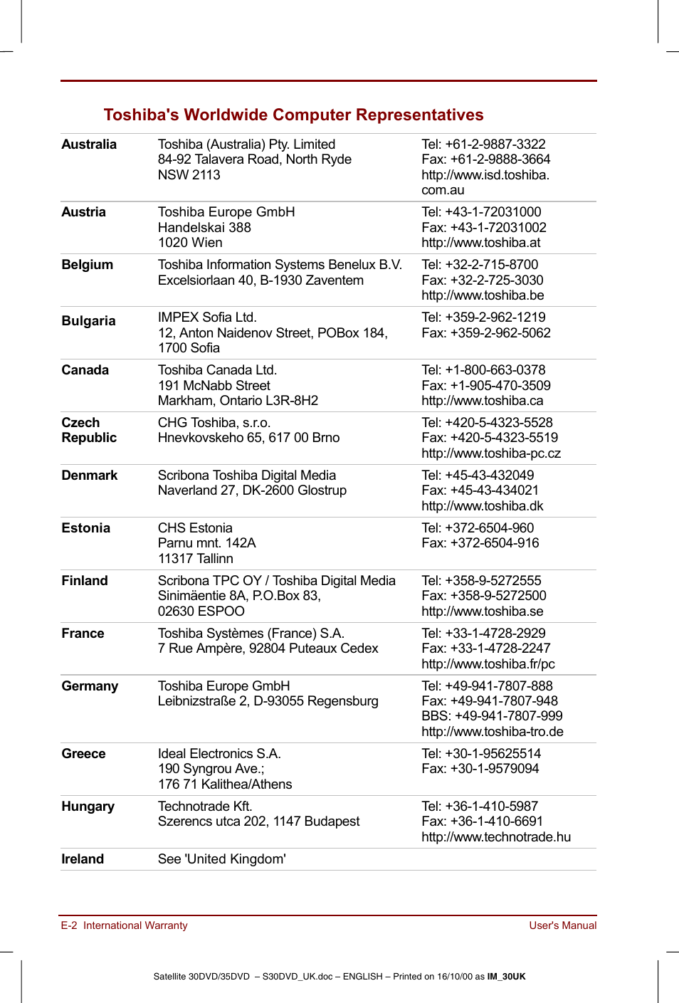 Toshiba's worldwide computer representatives | Toshiba Satellite 31 User Manual | Page 135 / 142