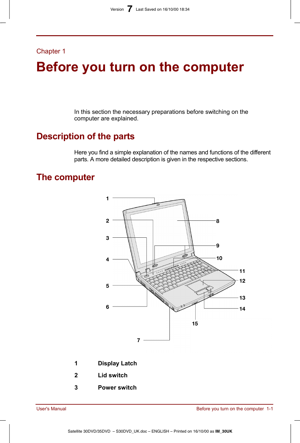 Chapter 1: before you turn on the computer, Description of the parts, The computer | Description of the parts -1 the computer -1, Before you turn on the computer | Toshiba Satellite 31 User Manual | Page 17 / 142